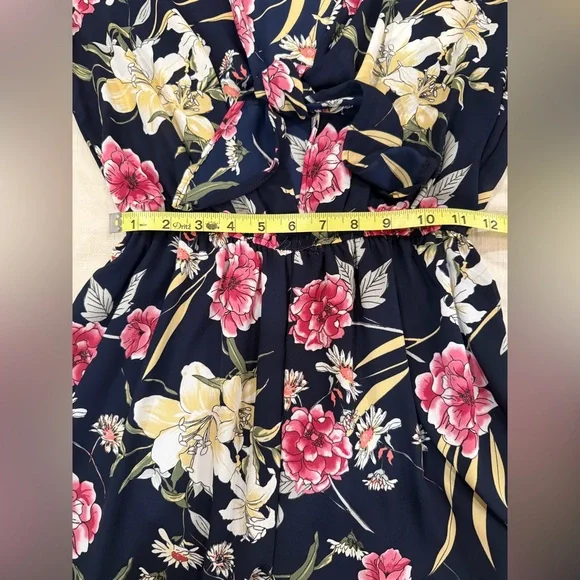 Floral V-Neck Romper - Navy and Pink - Picture 7 of 9